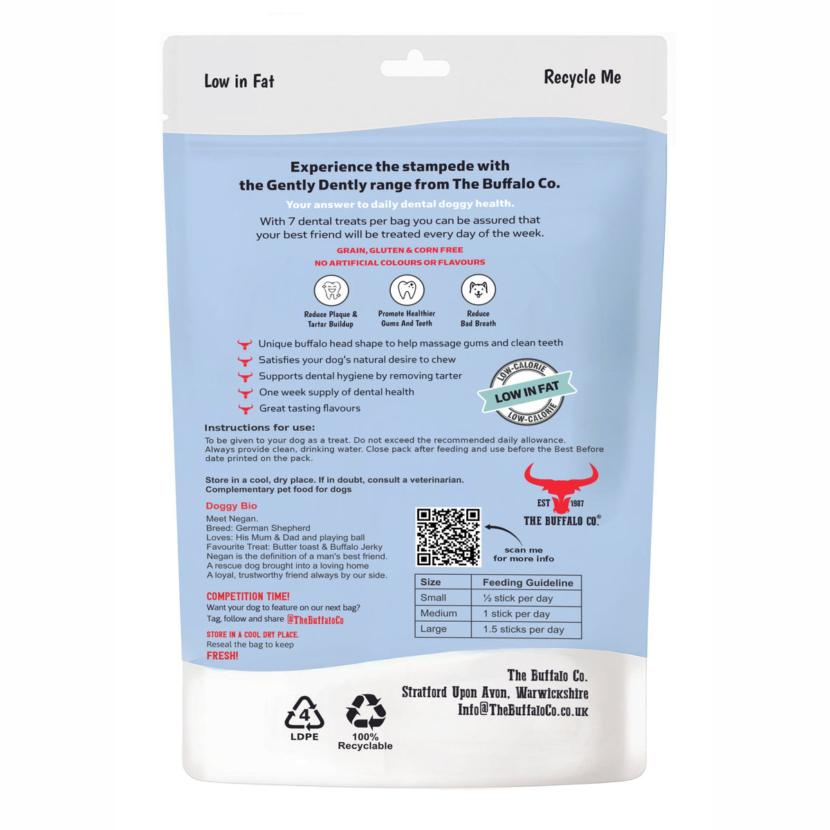 Gently Dently- Chicken Dental Treats in a blue and white recyclable pouch with a low-fat label and buffalo logo