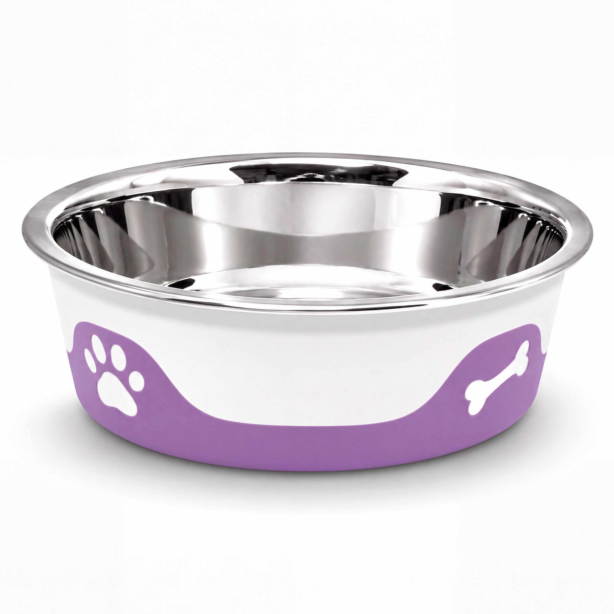 ThermaCool Dog Bowl with a stainless steel interior, white exterior, purple band and white paw and bone motifs