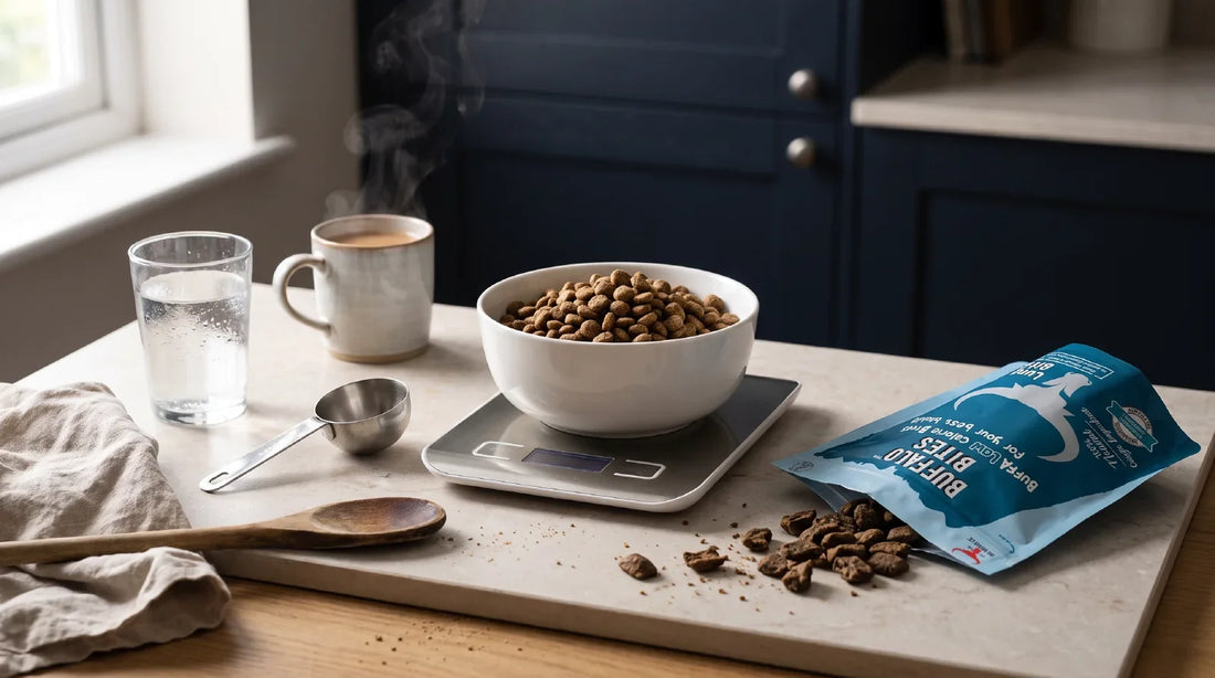 Digital kitchen scales weighing a bowl of dry dog food on a morning worktop, with a resealable buffalo lung training treat pouch and a few loose bites beside it.