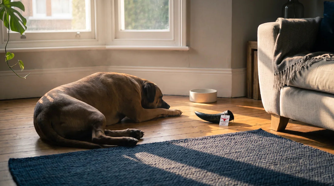 A large, muscular dog lies relaxed and settled on a sunlit living-room floor, with a whole buffalo horn chew resting on the boards a little behind it.