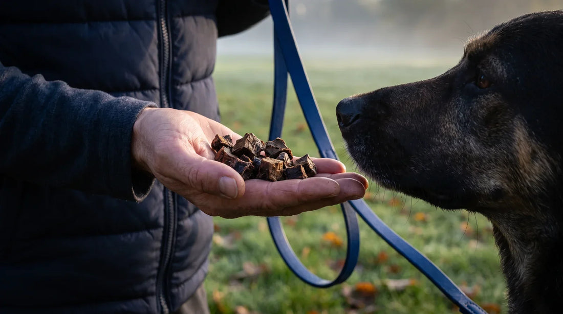 An owner's cupped hand offers a small mound of dark dried buffalo lung bites to a keen dog during an early-morning training session in a British park.