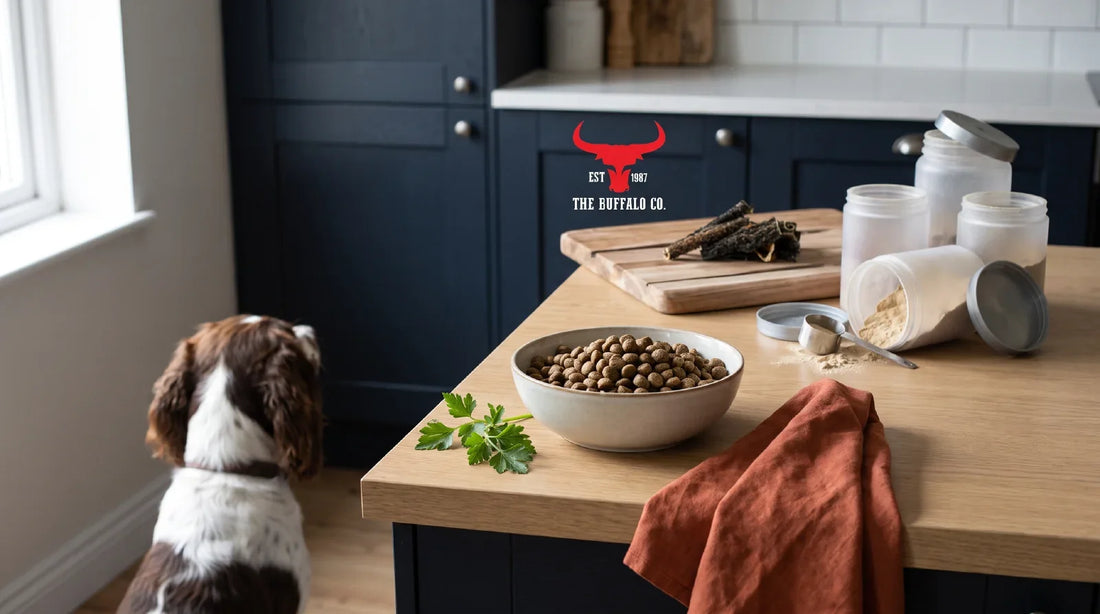 A plain bowl of dog food on a kitchen counter in front of navy cabinets, with a cluster of half-used supplement tubs pushed aside behind it and a spaniel sitting nearby, seen from behind.