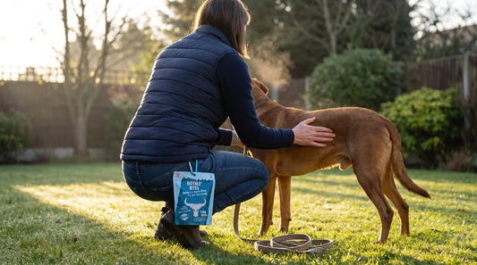 An owner crouched behind their dog on a dewy lawn, running both flat hands along its ribcage to check body condition, with a resealable buffalo-treat pouch clipped at their waist.