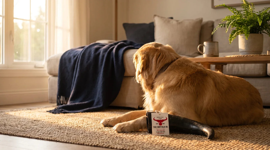 An adult dog settled calmly on a rug in a warm, tidy living room at late afternoon, seen from behind, with a whole large buffalo horn resting on the rug nearby.
