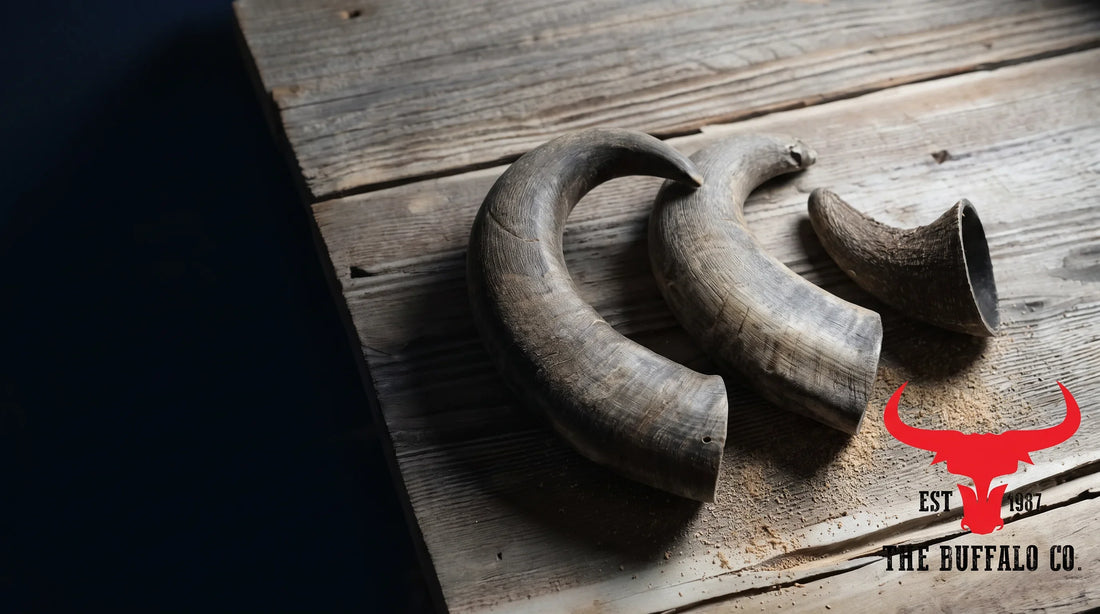 Three natural single-ingredient buffalo horn chews arranged on rustic wood, presenting them as the safer natural alternative to rawhide.
