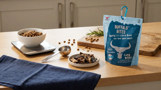 A kitchen worktop where a dog's kibble is weighed on a digital scale beside a measuring scoop, a dish of dried buffalo lung treats and a Buffalo Bites lung bites pouch, illustrating measured treat portioning.