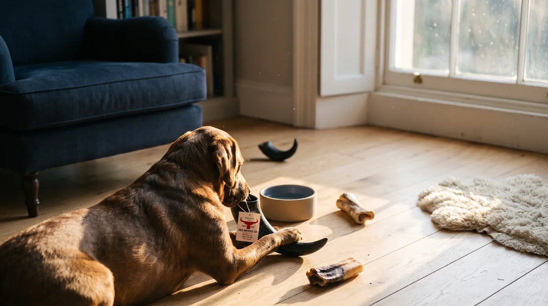 A medium dog resting on a sunlit oak living-room floor, quietly chewing a natural treat between its paws, with a few differently sized dried chews and a small buffalo horn nearby.
