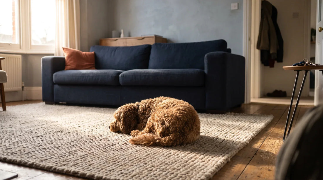 Een kleine kroesharige hond ligt opgerold te rusten op een kleed in een opgeruimde, zonnige woonkamer bij een gang, rustig genesteld voor de dag.
