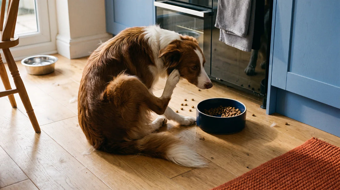 A chestnut-and-white dog scratching behind its ear with a hind leg beside a half-finished bowl of food on a kitchen floor.