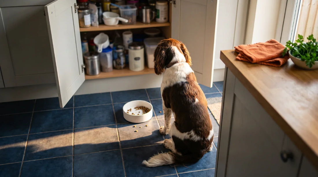 A spaniel seen from behind sits in front of a single plain food bowl on a navy-tiled kitchen floor, with a cupboard full of half-used supplement tubs blurred in the background.