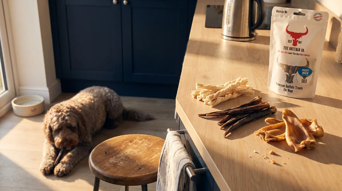 A curly-coated dog lies on a sunlit kitchen floor gnawing a natural chew, with three different types of buffalo chew grouped on the counter behind, illustrating a chew rotation.