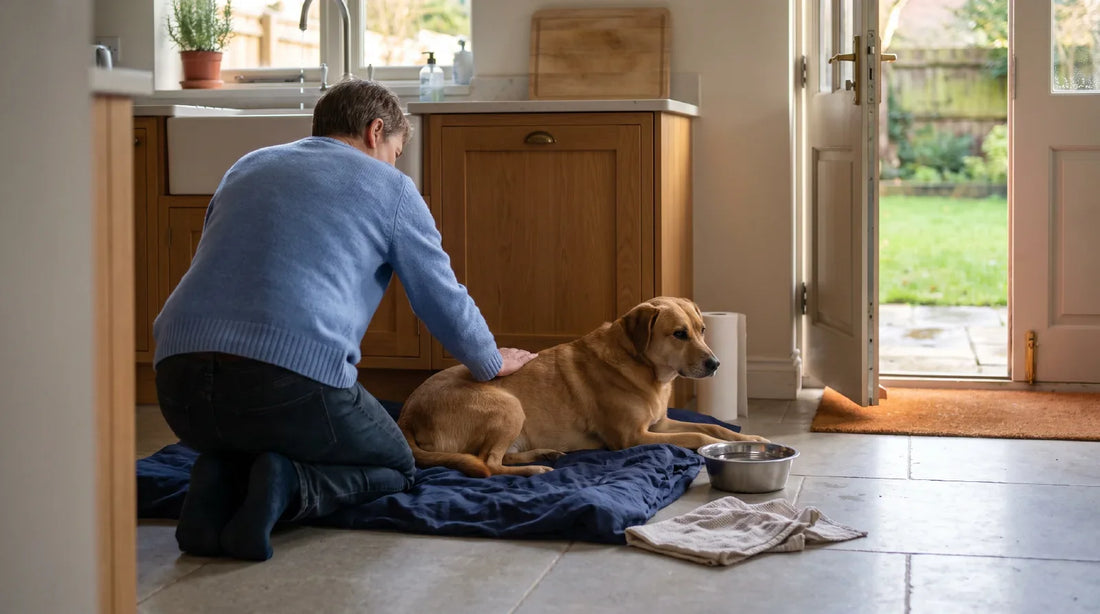 An owner kneels on a kitchen floor beside a resting dog on a navy blanket, with a small bowl of water nearby and the garden door open, watching closely to decide whether the upset needs a vet.