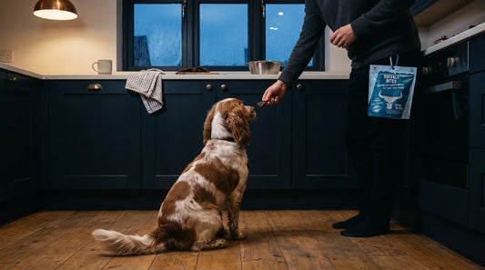 Ein Cocker Spaniel von hinten sitzt auf einem Küchenboden, während eine Hand ihm ein kleines dunkles Trainingsleckerli hinhält, eine Buffalo Bites Lung Bites Beutel am Bund geclippt, in einer warmen Abendküche.