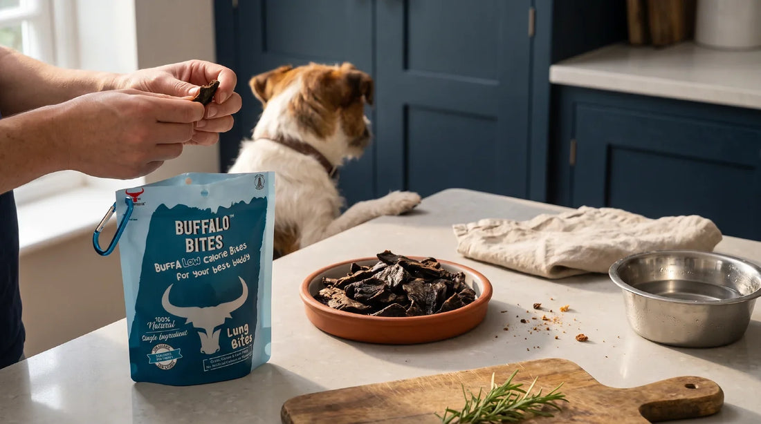 A dog owner's hands at a kitchen counter offering a single small air-dried buffalo treat to a waiting dog, with an open resealable Buffalo Bites pouch and a terracotta dish of dark lung treats nearby in soft morning light.