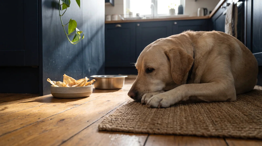 A relaxed dog curled on a rug in a calm morning kitchen after a chew, with a bowl of whole dried buffalo ears resting on the floor nearby.
