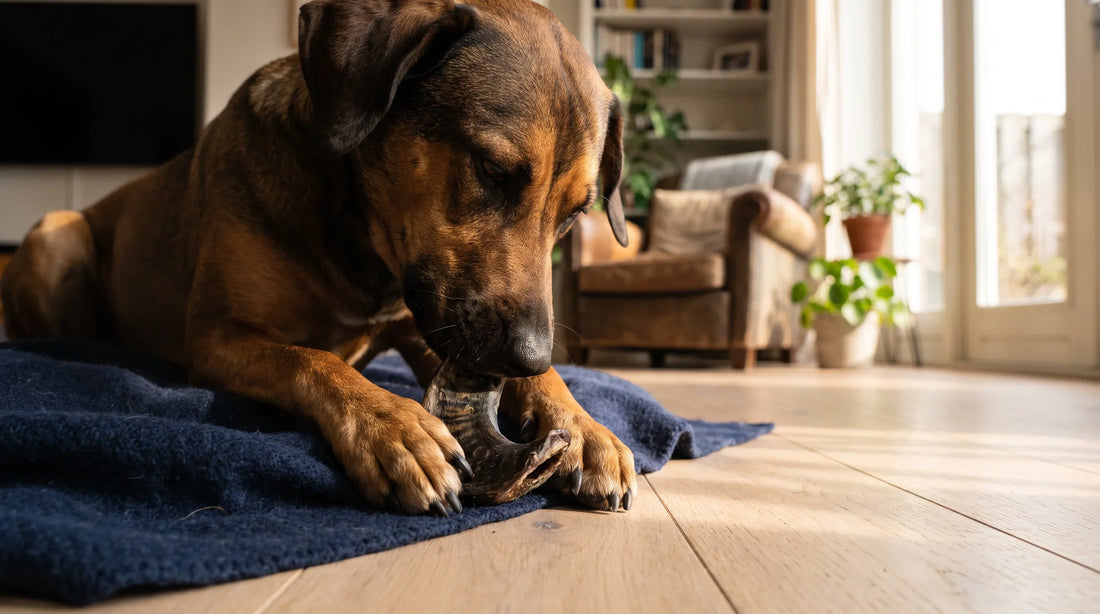A relaxed dog absorbed in gnawing a natural single-ingredient chew at home, illustrating chewing as daily dental care.