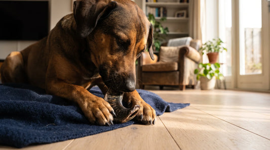 A relaxed dog absorbed in gnawing a natural single-ingredient chew at home, illustrating chewing as daily dental care.
