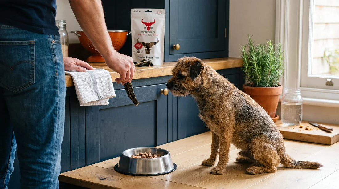 A Border terrier waits beside a steel bowl in a navy-cabinet kitchen as its owner offers a single strip of dried buffalo tripe, with a pouch of buffalo tripe treats on the worktop behind.
