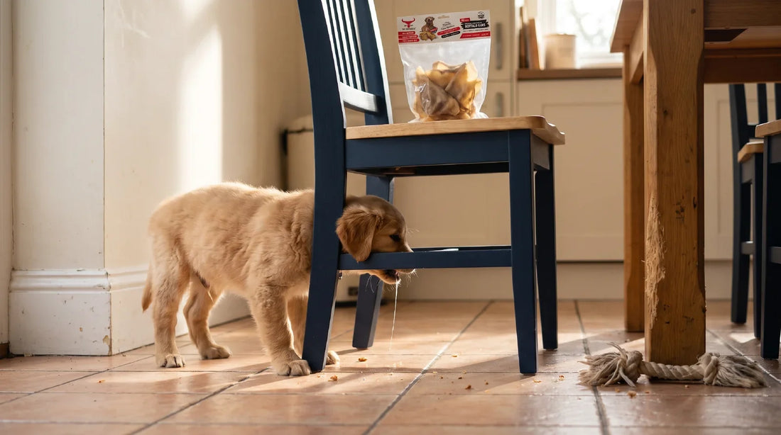 A young puppy chewing the leg of a navy dining chair in a sunlit kitchen-diner, with a pack of dried buffalo ear chews resting on the chair seat behind it.
