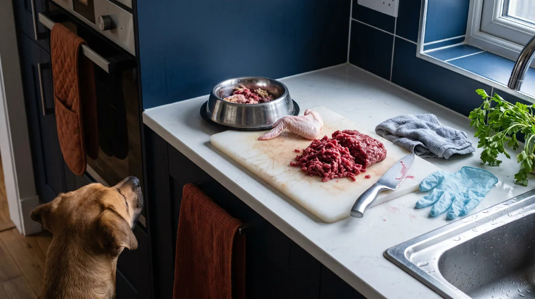 A dog seen from behind watches raw minced beef and a raw chicken wing being prepared beside a steel bowl on a kitchen worktop.
