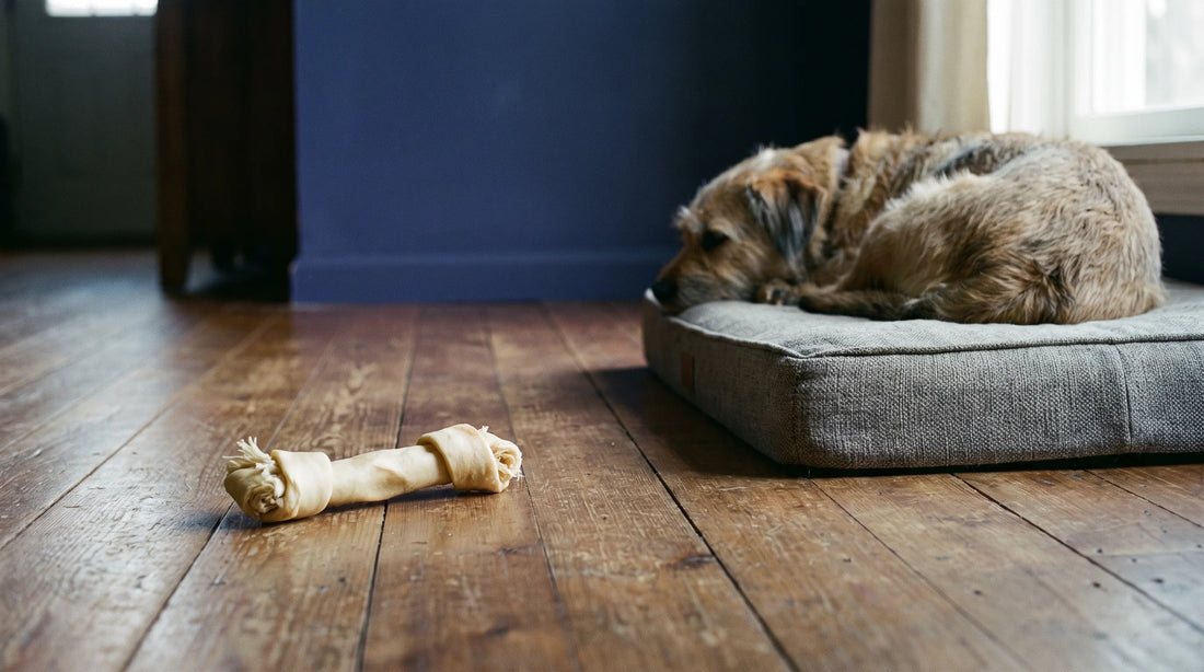A partly-chewed rawhide left on the floor while a listless dog rests behind it, conveying the hidden danger of rawhide before any symptoms appear.