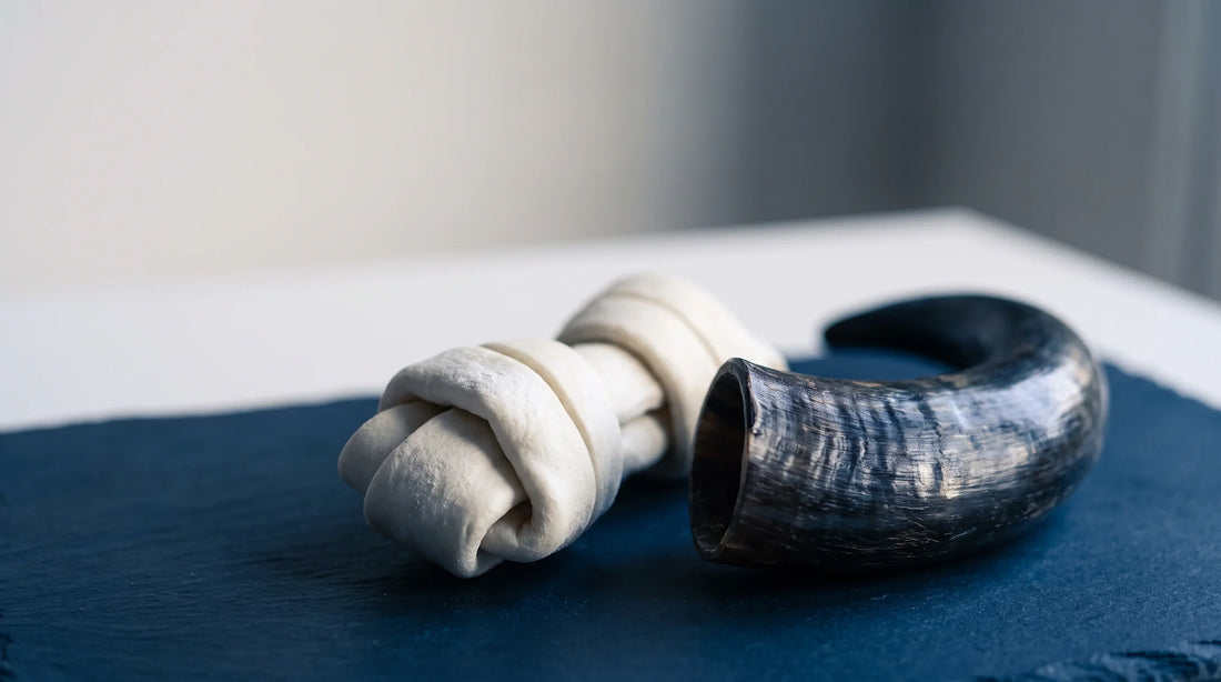 A pale rawhide knot and a dark natural buffalo horn set side by side, framing the rawhide-versus-natural comparison at the heart of the guide.