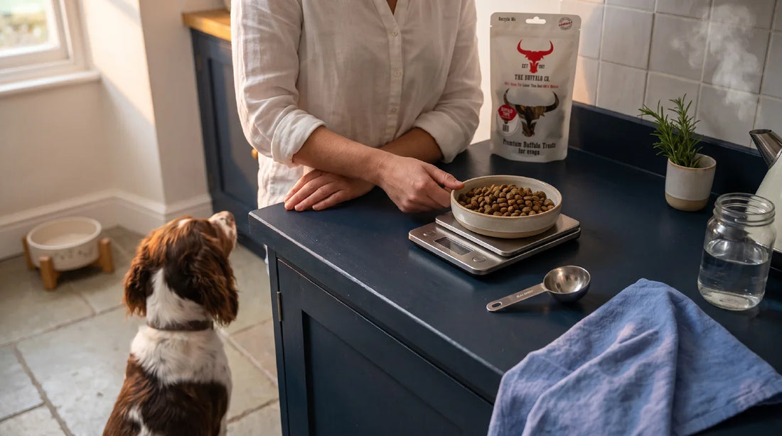 A dog sits by a navy kitchen worktop while its owner weighs a bowl of single-protein kibble on scales, with a pouch of buffalo tripe treats in the background.