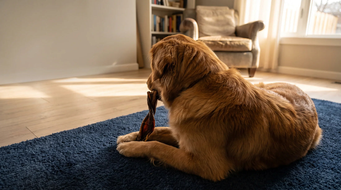 A dog resting calmly on the floor at home, chewing a natural single-ingredient chew — the settled, safe chewing routine a successful transition delivers.