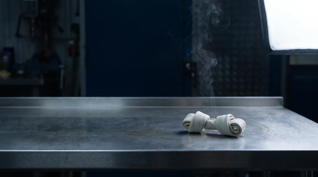 A lone pale rawhide chew displayed like an industrial specimen on steel, conveying that rawhide begins as manufactured material rather than food.