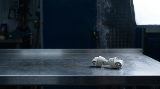 A lone pale rawhide chew displayed like an industrial specimen on steel, conveying that rawhide begins as manufactured material rather than food.