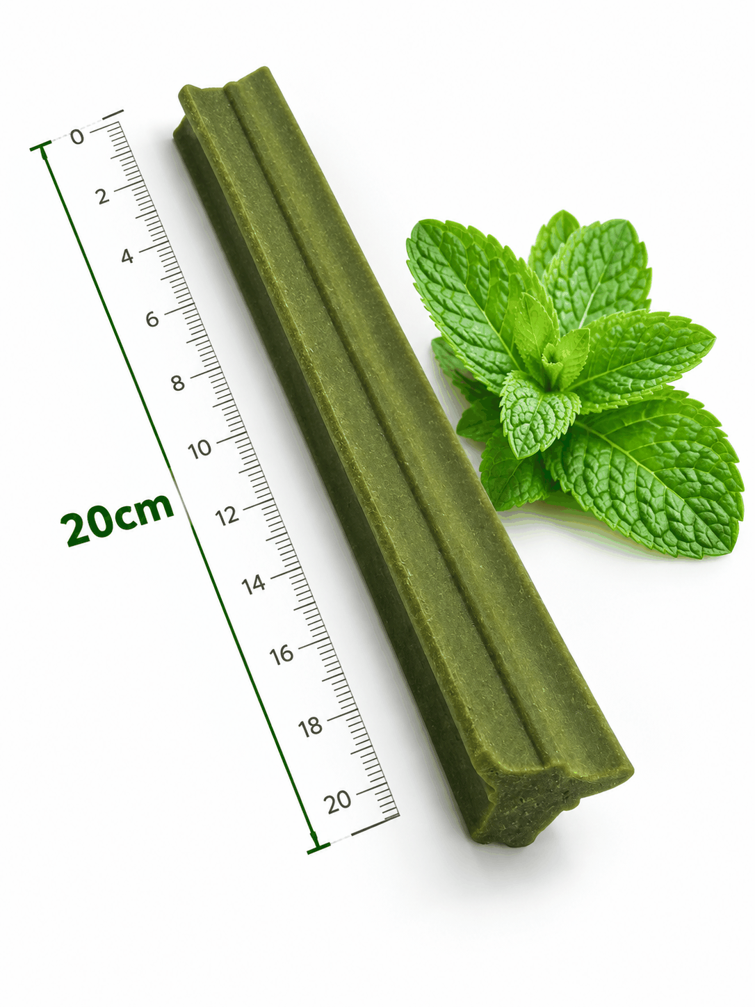 Gently Dently XL dental stick, long olive-green ridged chew with a firm, grooved texture and mint leaves beside it.