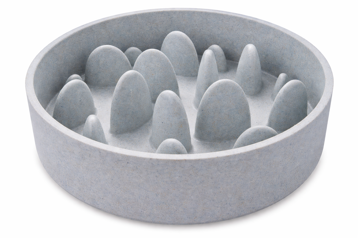 Bambū Slow Feeder Dog Bowl in speckled light grey, with a rounded shape and raised ridges inside to slow eating.