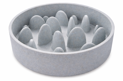 Bambū Slow Feeder Dog Bowl in speckled light grey, with a rounded shape and raised ridges inside to slow eating.