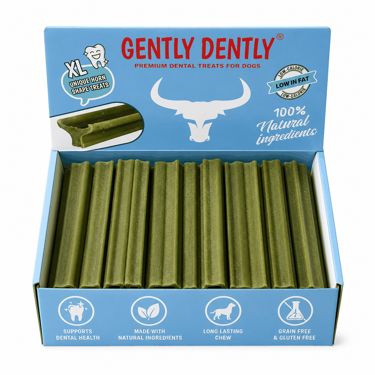 Gently Dently XL dental sticks for dogs, green sticks in open box