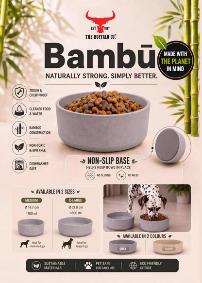 Bambū Bamboo Dog Bowl in solid grey, with a rounded shape and non-slip base, shown holding dry dog food