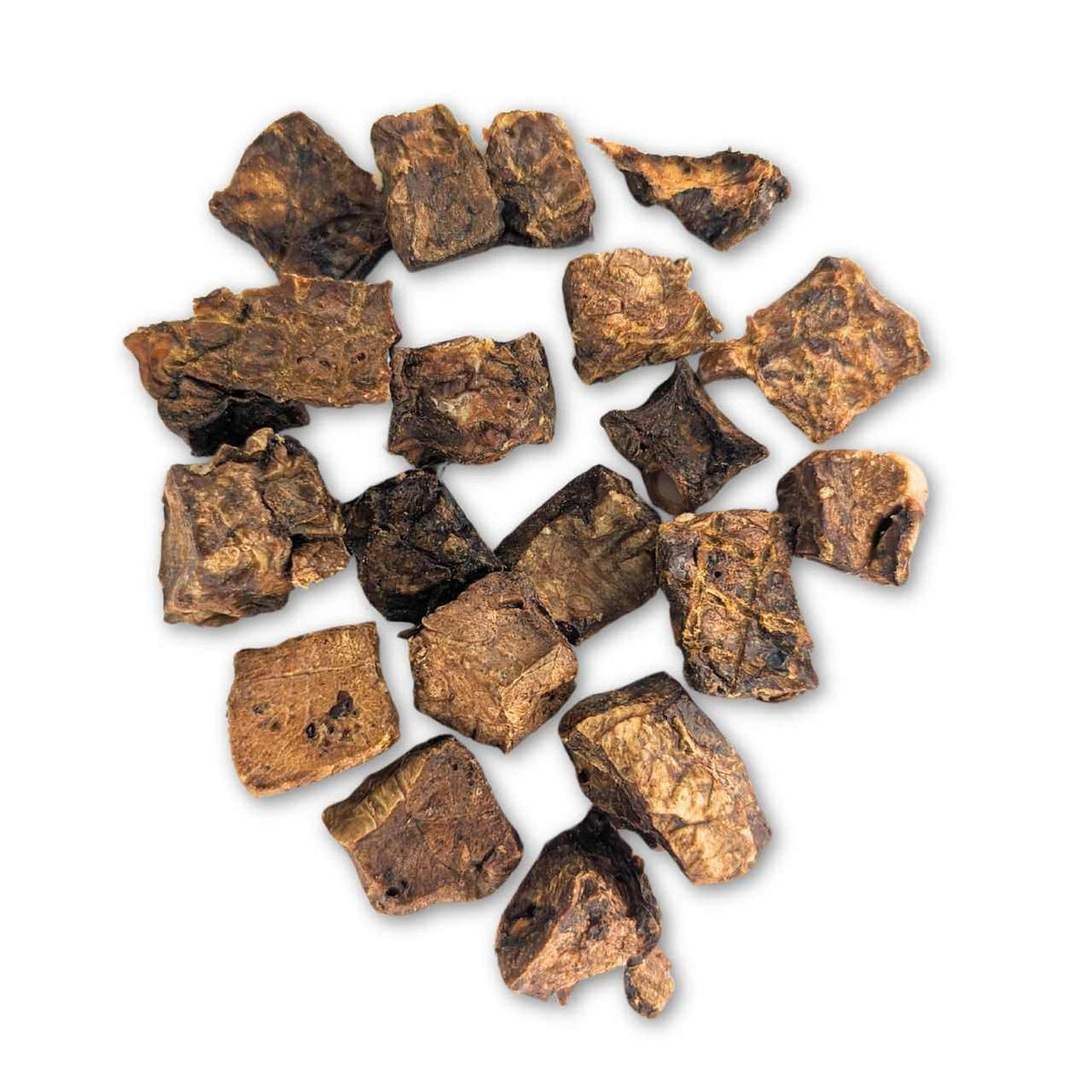 Buffalo Bites dog treats made from natural buffalo lung, with irregular chunky pieces in mottled brown tones