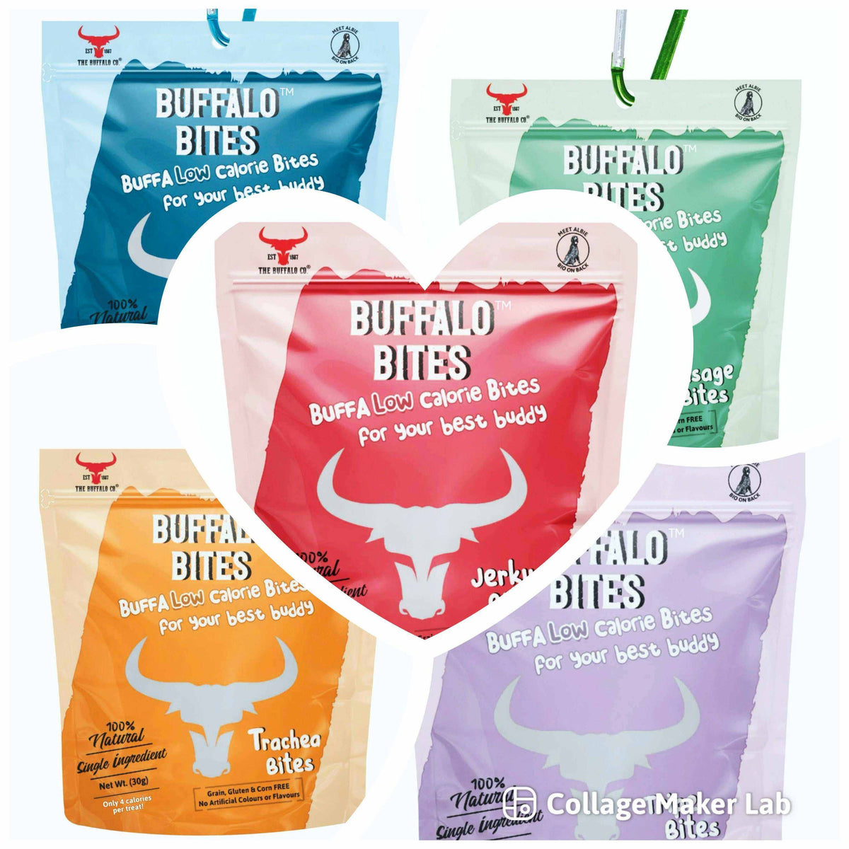 Buffalo Bites treats in resealable pouches, shown in blue, green, red, orange and purple with buffalo-head graphics