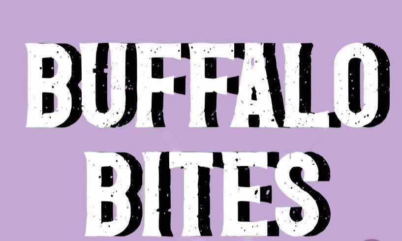 Buffalo Bites (Jerky Bites) product graphic with bold distressed white lettering and black shadows on a lavender background