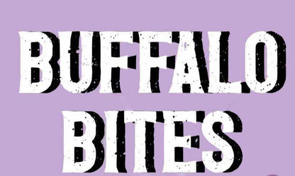 Buffalo Bites (Jerky Bites) product graphic with bold distressed white lettering and black shadows on a lavender background