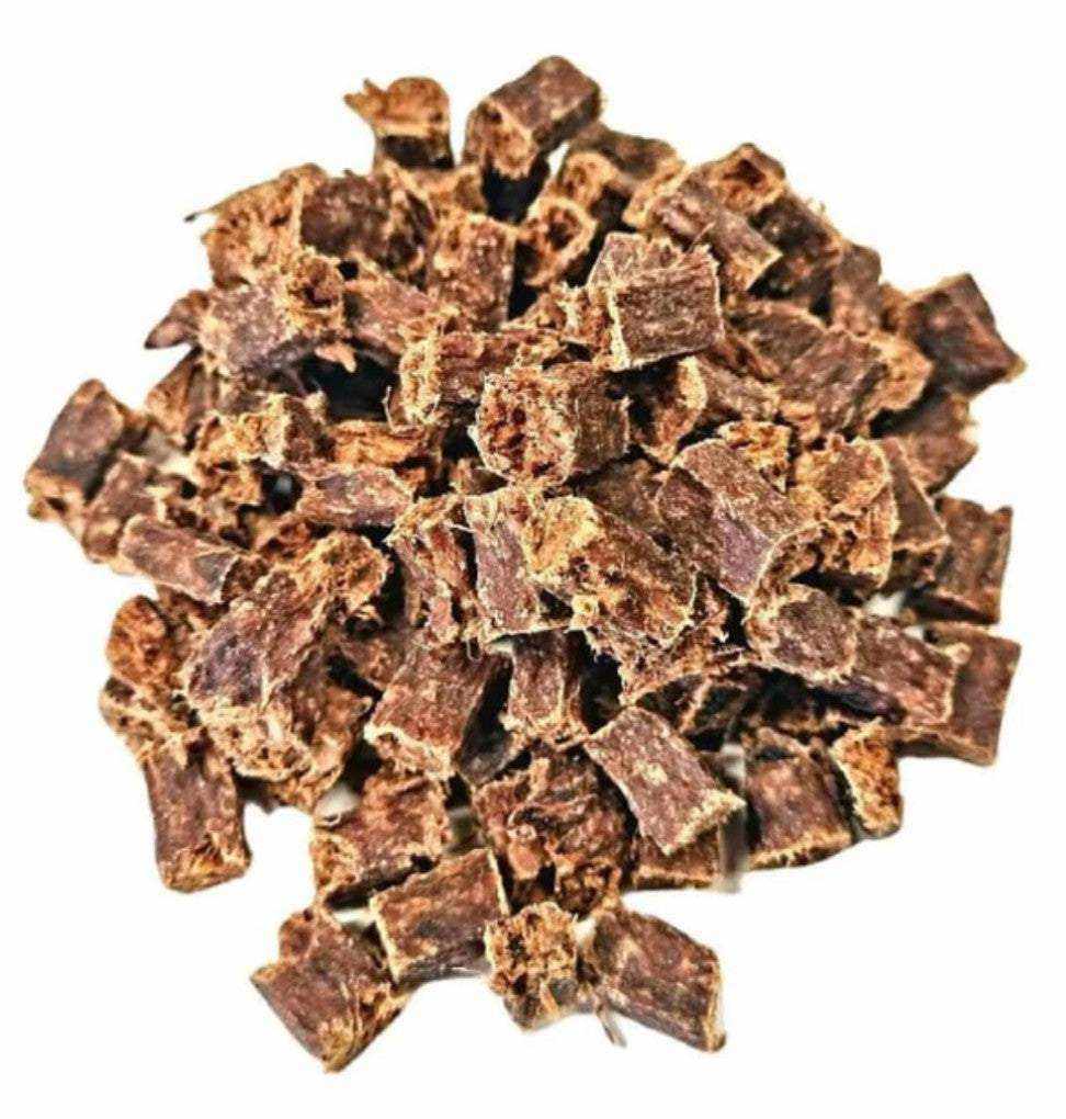 Buffalo Bites (Jerky Bites), small chunky pieces of natural buffalo meat with a rough, dark brown texture