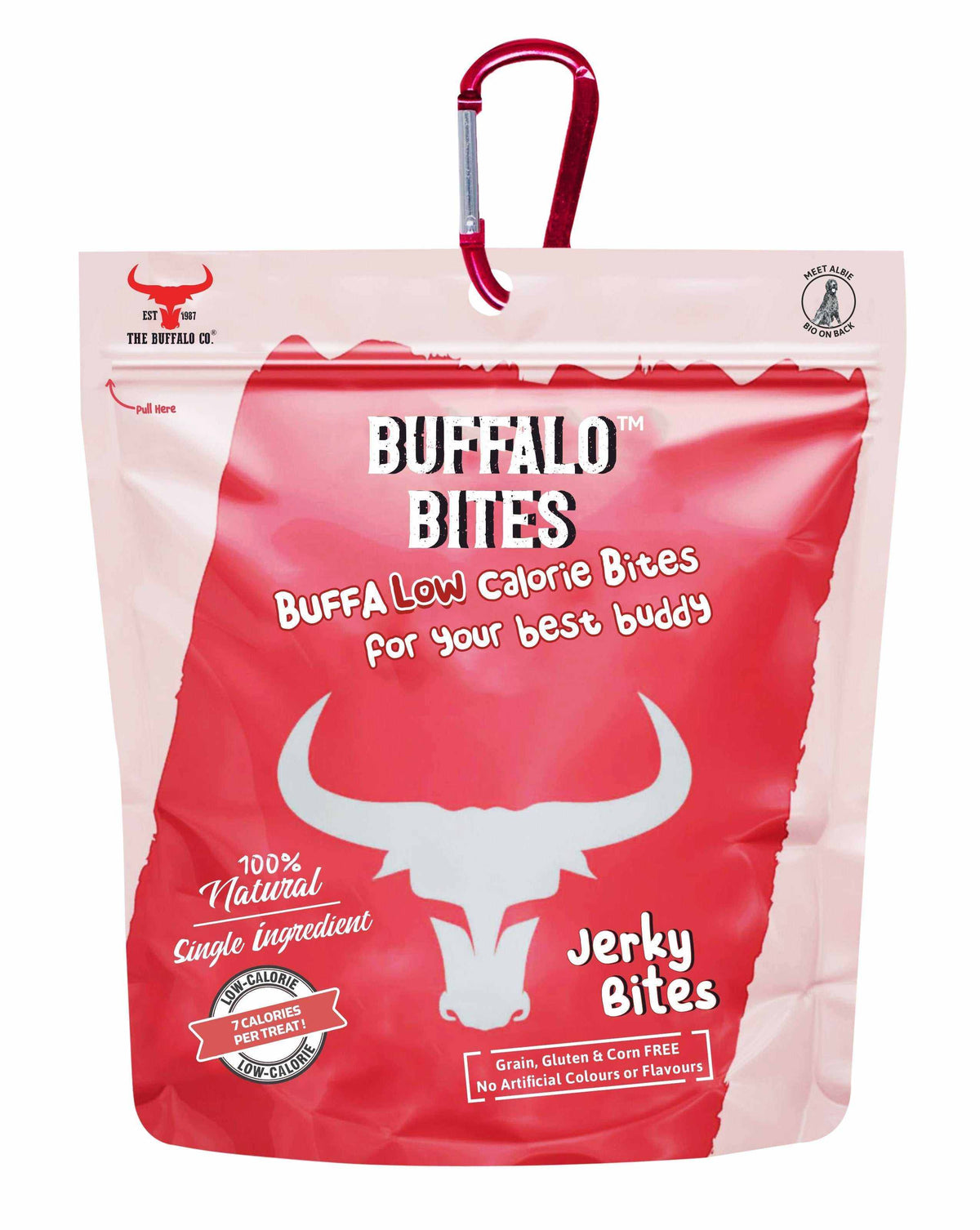 Buffalo Bites (Jerky Bites) treat pouch in red and pale pink, with white buffalo graphic and red carabiner clip