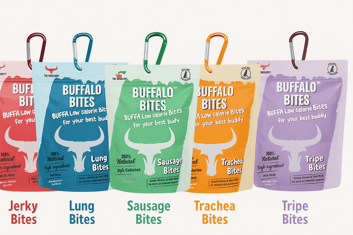 BUFFALO BITES MINI STAND DEAL featuring five colorful buffalo meat bite pouches in jerky, lung, sausage, trachea and tripe varieties