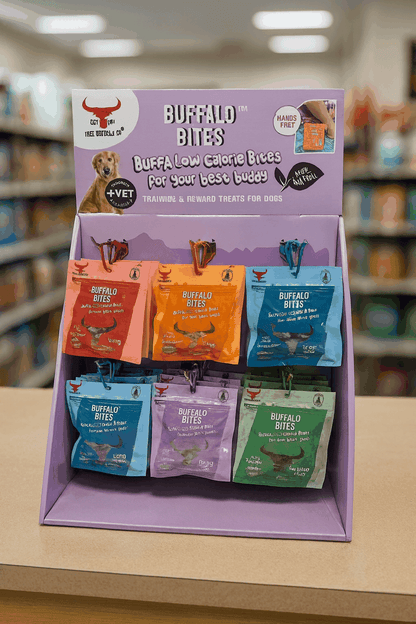 BUFFALO BITES MINI STAND DEAL with a purple display stand stocked with colourful buffalo dog treat pouches