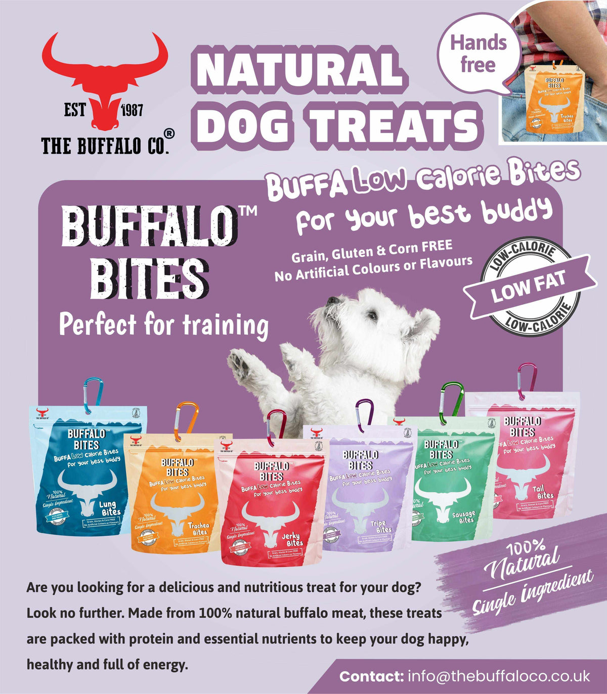 Buffalo Bites dog treats in colourful resealable bags, advertised as natural, low-fat buffalo lung bites for training