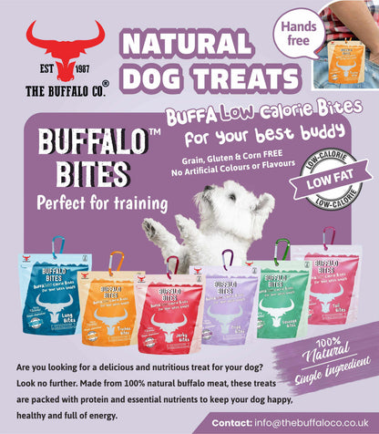 Buffalo Bites dog treats in colourful resealable bags, advertised as natural, low-fat buffalo lung bites for training