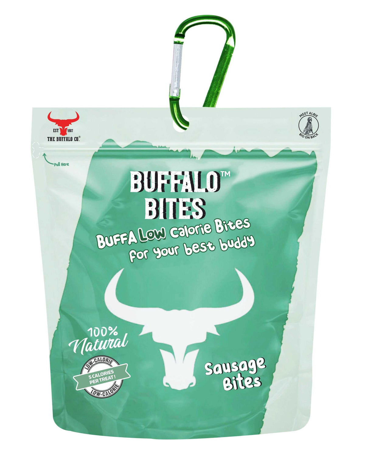 Buffalo Bites (Sausage Bites) treat pouch in green and white, with buffalo graphics and a green carabiner clip