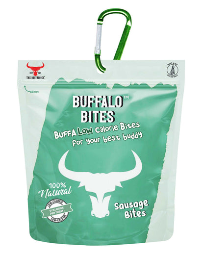 Buffalo Bites (Sausage Bites) treat pouch in green and white, with buffalo graphics and a green carabiner clip