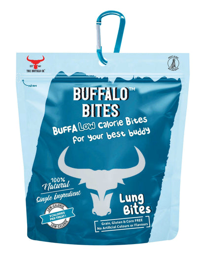 Buffalo Bites dog treats in a teal resealable bag, labelled natural single-ingredient lung bites, with a blue carabiner
