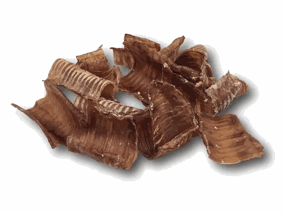 Buffalo Bites Trachea Bites are brown, natural buffalo trachea pieces with a ridged, tubular texture.