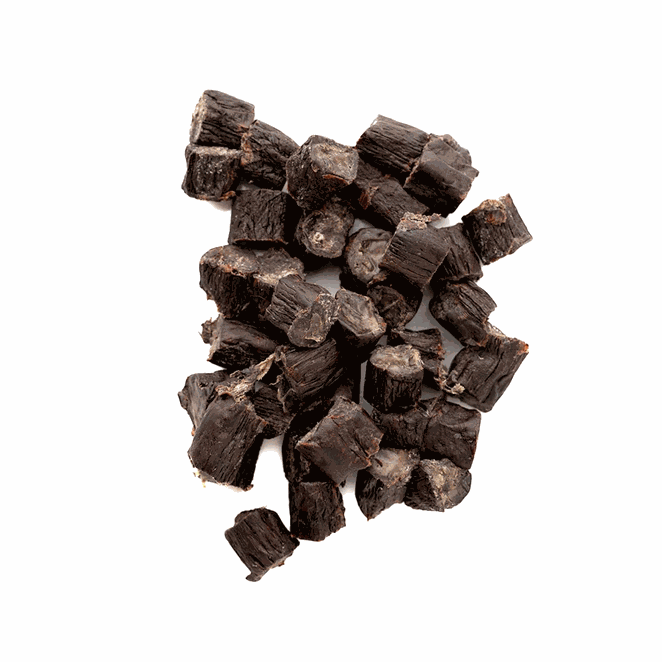 Buffalo Bites (Tripe Bites) are dark brown, rough-textured natural meat treats cut into small chunky cubes.